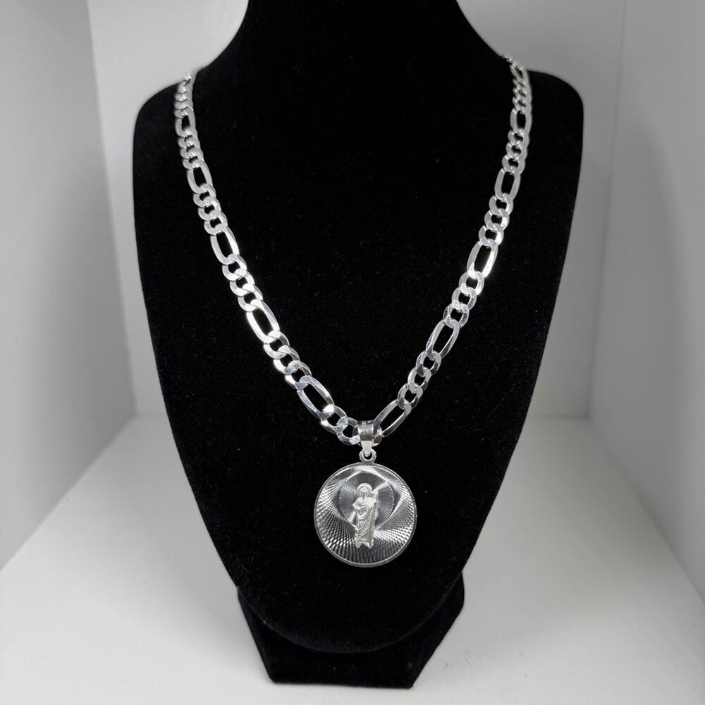 925 Sterling Silver Figaro Chain Necklace Saint Jude Virgin Mary Pendant 24 inch